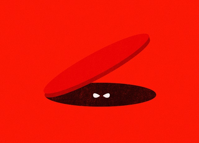 Red background and Half-open red lid of dark with white eyes showing Security Threat